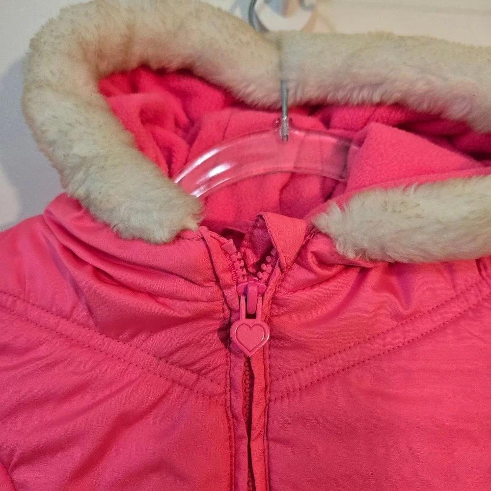 OshKosh B'gosh Girls Pink Puffer Jacket Faux Fur‎ Hood Fleece Lined 18M
